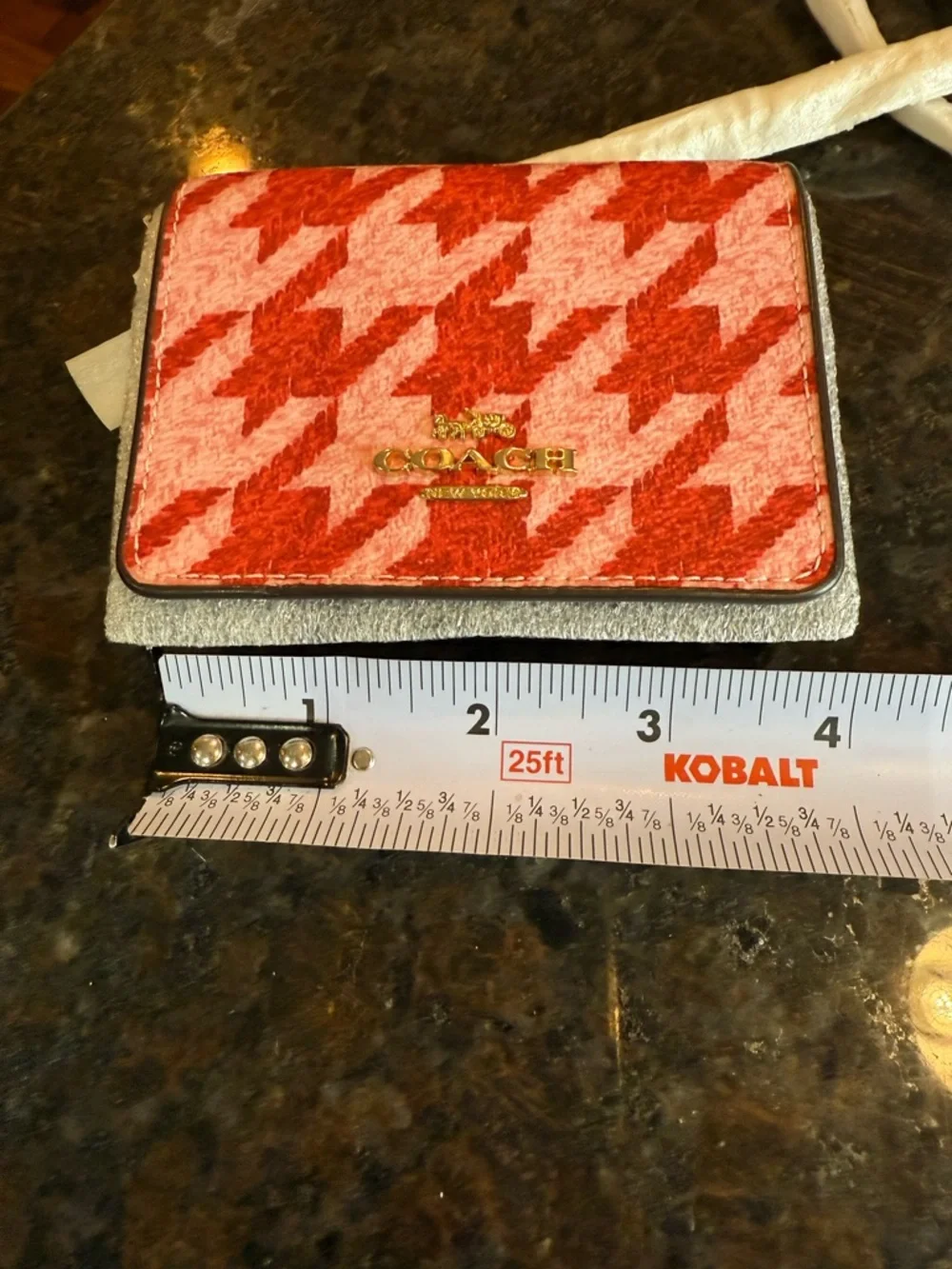 Coach Pink and Red Houndstooth Crossbody Wallet on Chain with Gold Logo